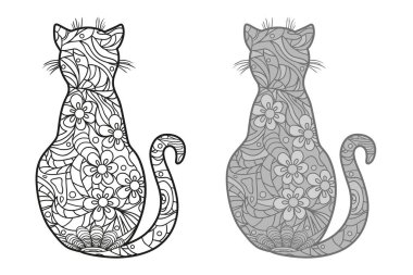 Kedi. Zentangle. İzole edilmiş arka planda soyut desenleri olan el yapımı bir hayvan. Farklı renk seçenekleri. Siyah beyaz illüstrasyon