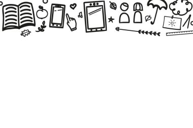 Okula dönelim. El yapımı kırtasiye malzemeleri. Beyaz üzerine serbest siyah unsurlar. Eğitim kavramı