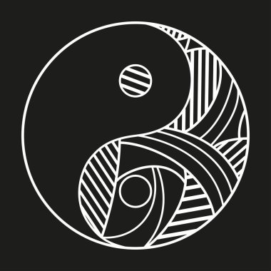 Yin ve Yang. İzole edilmiş arka planda elle çizilmiş dini bir sembol. Siyah beyaz illüstrasyon