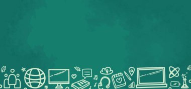 Soyut kara tahta. Elle çizilmiş okul malzemeleriyle özensiz bir geçmişi var. Serbest çizim. Bayrak tasarımı. Okula tekrar hoş geldin. Soyut eğitim illüstrasyonu