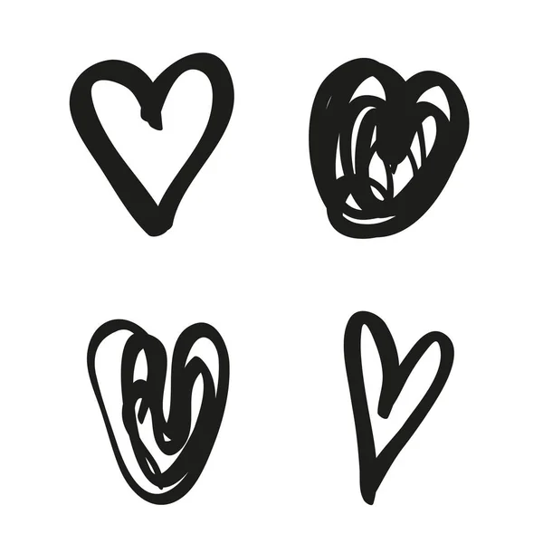 Hand Drawn Black Hearts Isolated White Background Black White Illustration — Stock Vector