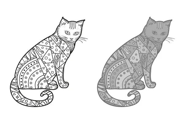 孤立した背景に抽象的なパターンを持つ手描きの禅猫 異なる色のオプション 白黒のイラスト — ストックベクタ