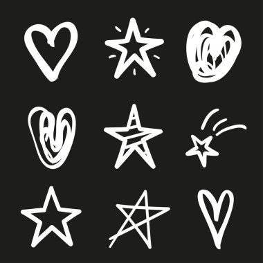 İzole edilmiş siyah arka plandaki soyut beyaz kalp ve yıldızlar. Siyah beyaz illüstrasyon