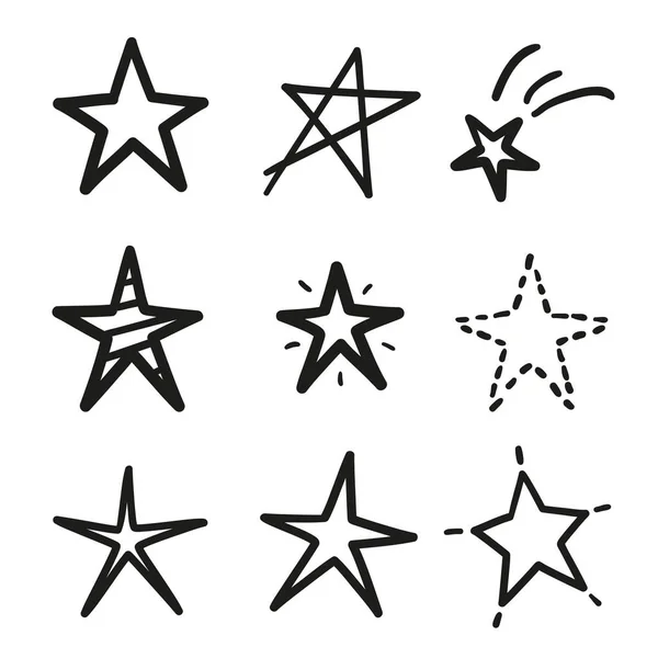 Handgezeichnete Schwarze Sterne Auf Isoliertem Weißen Hintergrund Schwarz Weiß Illustration — Stockvektor