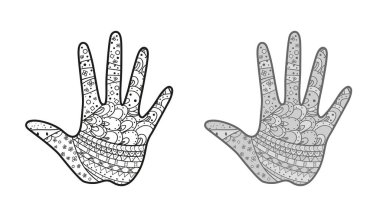 İzole edilmiş arka planda soyut desenler olan bir el. Yetişkinler için ruhsal rahatlama tasarımı. Zen sanatı. Farklı renk seçenekleri. Siyah beyaz illüstrasyon