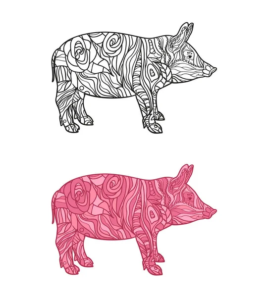 白い豚 孤立した背景に抽象的な動物を手描き 抽象的な華やかなキャラクター 異なる色オプション — ストックベクタ