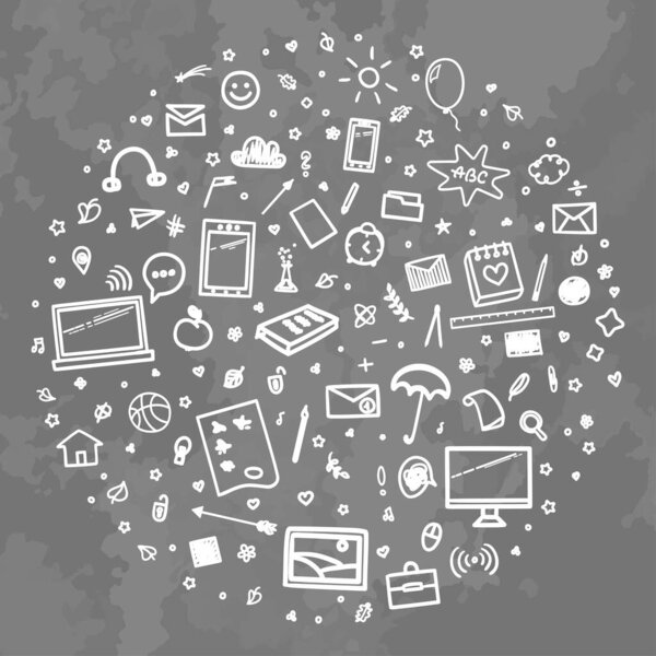 Возвращайся в школу. Набор различных знаков. Абстрактная доска. Нечеткое прошлое с нарисованными вручную школьными принадлежностями. Баннерный дизайн