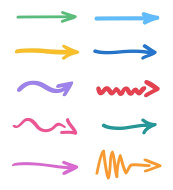Renkli bir el çizimi ok. Beyazın üzerine renkli bilgi elementleri. Serbest çizim. Farklı oklar kümesi