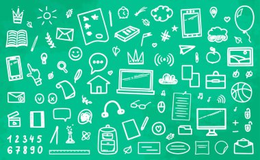 Okula dönelim. Farklı işaretler. Soyut kara tahta. El yapımı okul malzemeleri. Serbest çizim. Pankart tasarımı