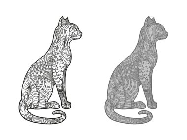 Kedi. Zentangle. İzole edilmiş arka planda soyut desenleri olan el yapımı zen hayvanı. Farklı renk seçenekleri. Siyah beyaz illüstrasyon