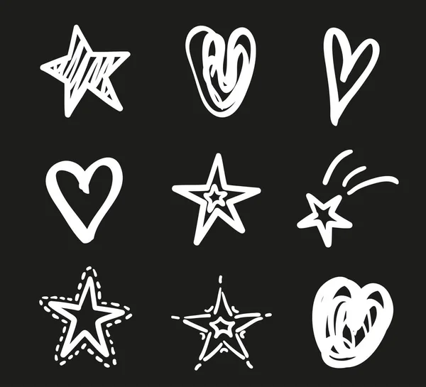 Ručně Kreslené Bílé Hvězdy Srdce Izolovaném Černém Pozadí Freehand Art — Stockový vektor