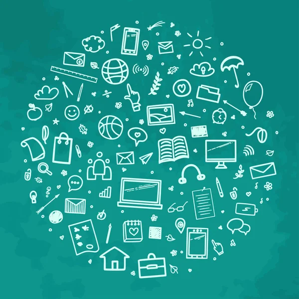 Okula dönelim. Soyut renkli karatahta. El çizimi okul malzemeleriyle eskiz ve renkli bir geçmişi var. Pankart tasarımı