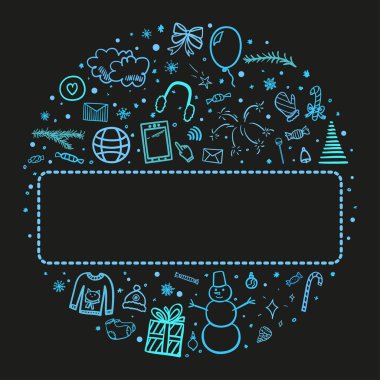 El çizimi Noel çerçevesi. Serbest çalışma geçmişi. Tatil unsurları olan esrarengiz Xmas afişi. Kış tatili Mutlu yıllar.