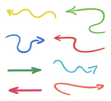 Renkli el çizilmiş oklar. Beyazın üzerine renkli bilgi elementleri. Serbest çizim. Farklı noktalar kümesi