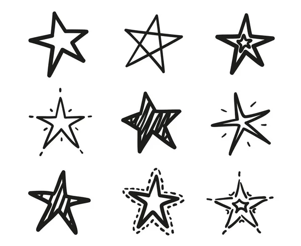 Handgezeichnete Schwarze Sterne Auf Isoliertem Weißen Hintergrund Freihandkunst Schwarz Weiß — Stockvektor