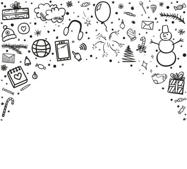Christmas background. Freehand drawings. Hand drawn christmas symbols. Abstract xmas holiday signs and objects. Banner design. Black and white illustration