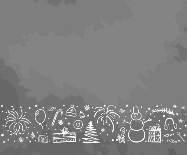 Noel arkaplanı. Elle çizilmiş xmas elementleri. Soyut tatil işaretleri ve nesneler. Serbest çizimler. Siyah beyaz illüstrasyon