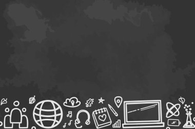 Soyut kara tahta. Okula dönelim. El çizimi okul unsurlarıyla donatılmış bir geçmiş. Afişler, el ilanları ve posterler için resim. Mesafe ev eğitimi