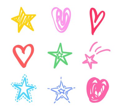 Renkli yıldızlar ve beyaz üzerine kalpler. Serbest çalışma sanatı. El yapımı elementler. Renkli resimleme