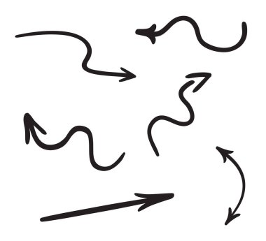 El çizimi basit oklar. Çizgi çalışması. Farklı işaretler seti. Soyut göstergeler. Siyah beyaz illüstrasyon