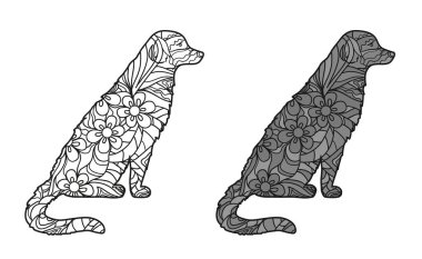 Beyazın üstünde köpek. İzole edilmiş arka planda elle çizilmiş soyut bir hayvan. Farklı renk seçenekleri. Siyah beyaz illüstrasyon