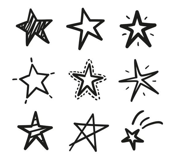 Hand Drawn Black Outline Stars Isolated White Background Freehand Simple — Stock Vector