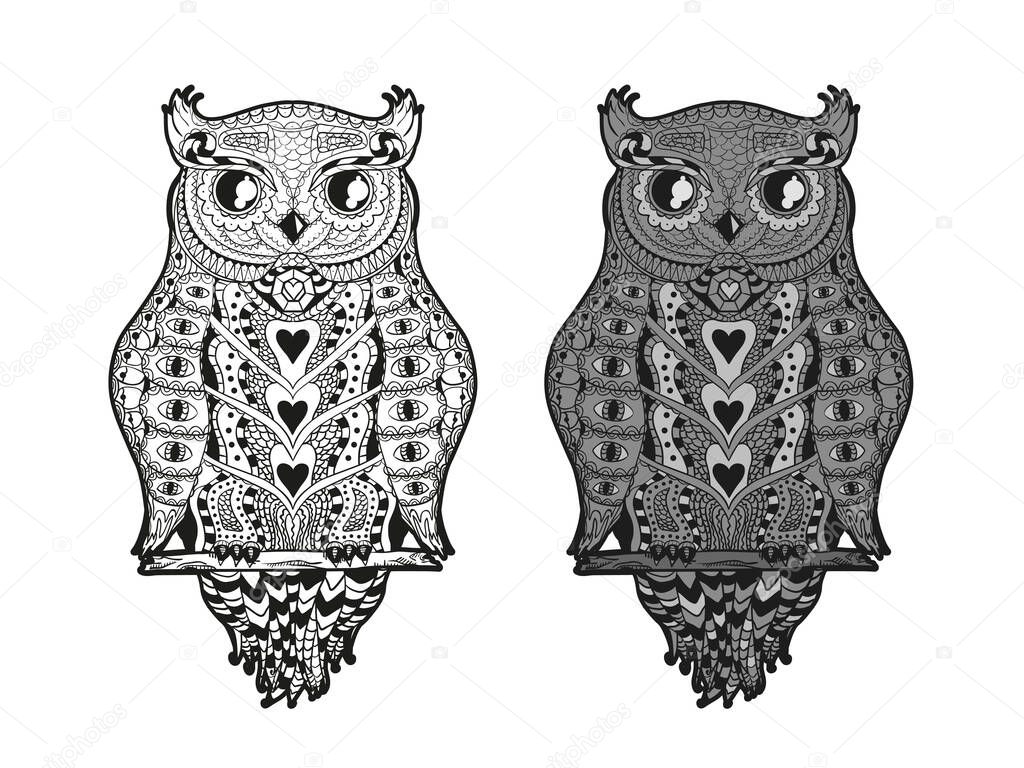 Owl on isolated white. Detailed hand drawn ornate bird with abstract patterns on isolated background. Abstract ornate character. Different color options. Black and white illustration
