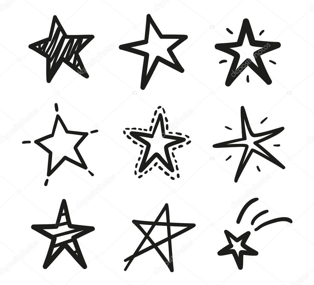 Hand drawn black outline stars on isolated white background. Freehand simple symbols. Black and white illustration