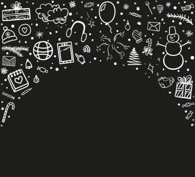 Noel öğeleri. Siyah üzerine soyut beyaz bayram sembolleri. Çizgi çalışması. Kış tatili Siyah beyaz illüstrasyon