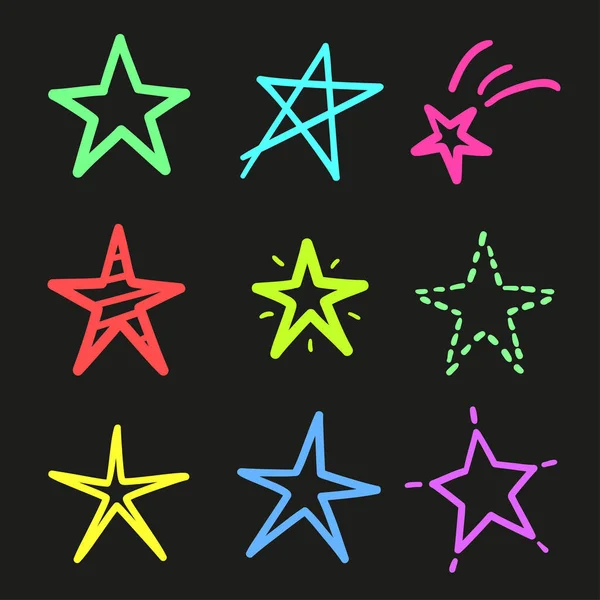 Hand Drawn Colored Stars Isolated Black Background Freehand Elements Colorful — Stock Vector