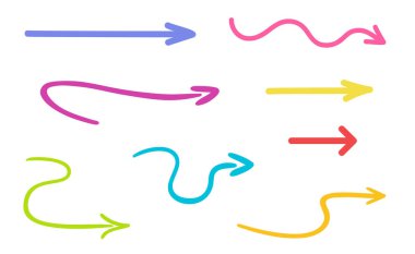 Renkli bir el çizimi ok. Beyazın üzerine renkli bilgi elementleri. Serbest çizim. Farklı oklar kümesi