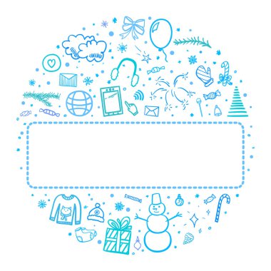 El çizimi Noel çerçevesi. Freehand Xmas geçmişi. Tatil unsurları olan esrarengiz Xmas afişi. Kış tatili Yeni yıl. Renkli resimleme