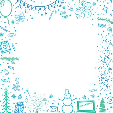 El çizimi Noel çerçevesi. Serbest kış geçmişi. Tatil unsurları olan esrarengiz Xmas afişi. Kış tatili