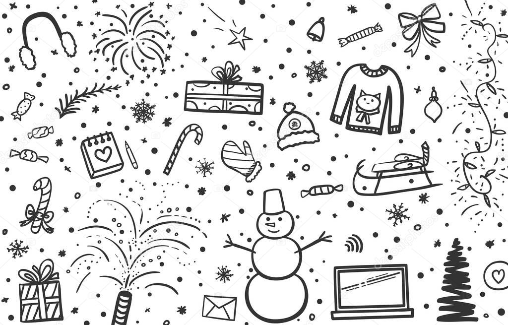 Christmas background. Hand drawn xmas elements. Abstract holiday signs and objects. Freehand drawings. Merry Christmas. Happy New Year. Black and white illustration