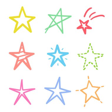 El çizimi sembol. İzole edilmiş arkaplanda yıldız. Beyaz üzerine çizilmiş farklı yıldızlar. Serbest imza