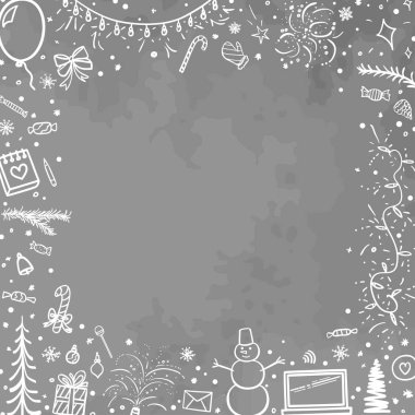 Noel arkaplanı. Elle çizilmiş xmas elementleri. Soyut tatil el yazması çizimleri. Okul kış tatili. Yeni yıl afişi. Çocuk çizimleri. Siyah beyaz illüstrasyon