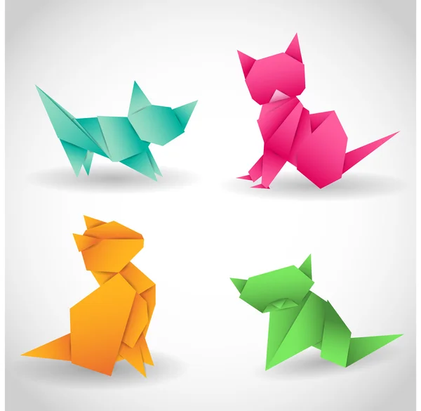 Dört kedi kağıt, origami sanatı kümesi. Tasarımınız için şablonlar.
