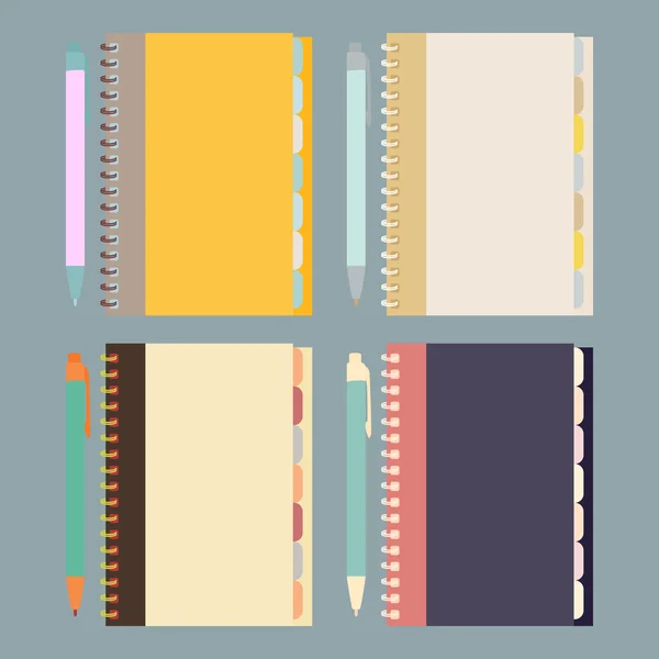 Un conjunto de iconos "cuaderno y pluma" en diseño plano . — Archivo Imágenes Vectoriales