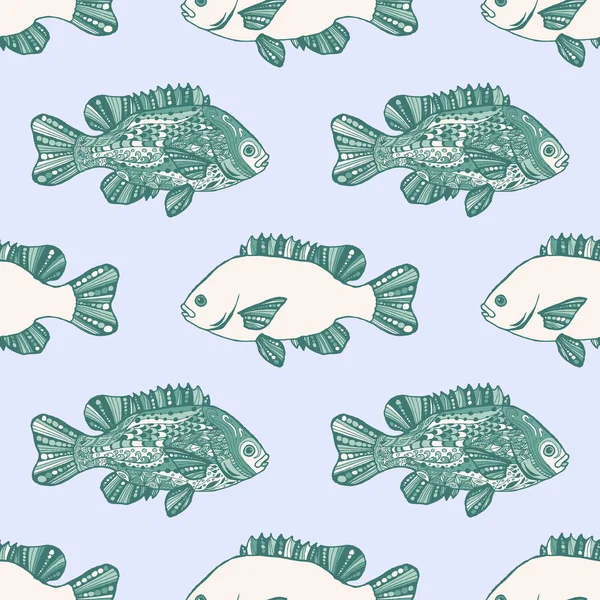 Patrón sin costuras. Pescado. Peces de fantasía dibujados a mano con dood étnico — Vector de stock