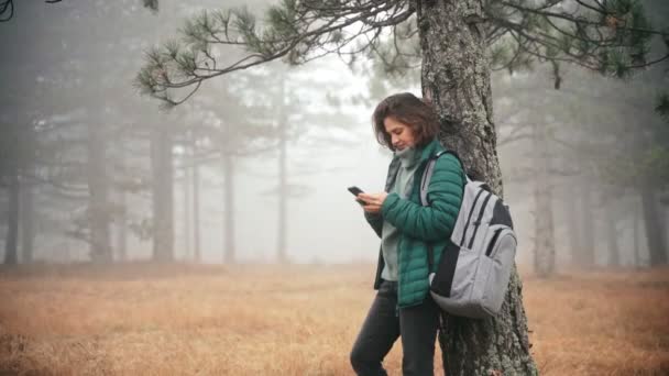 A young woman typing a message on the phone while leaning against a tree — Stock Video