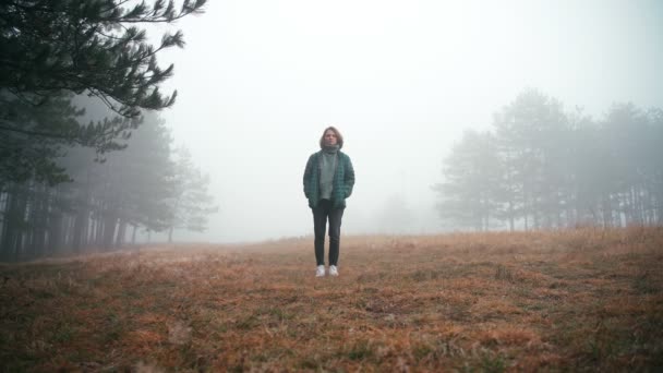 霧深い秋の日に森の清掃に若い女性の映画撮影 — ストック動画