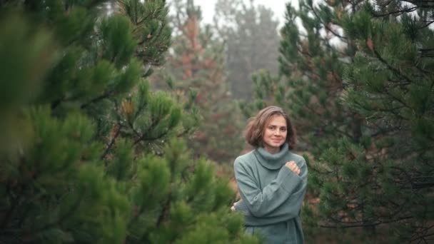 Retrato de una joven mujer alegre en un suéter cálido y acogedor — Vídeos de Stock