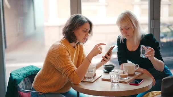 Две молодые женщины проводят свободное время в хипстерском кафе — стоковое видео