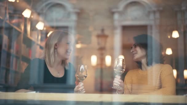 Dvě mladé veselé ženy sedící v kavárně pronášejí přípitek a cinkají sklenicemi. — Stock video