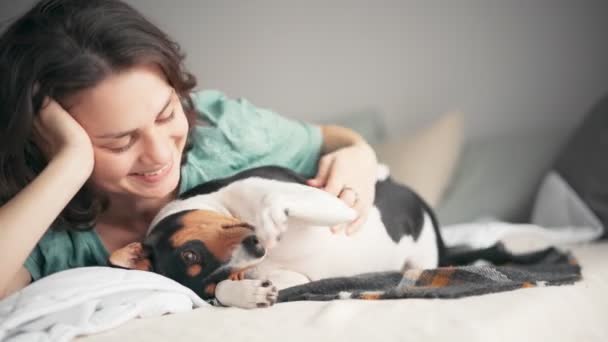 Eine junge Frau entspannt sich im Bett und spielt mit ihrem lustigen Basenji-Hund — Stockvideo