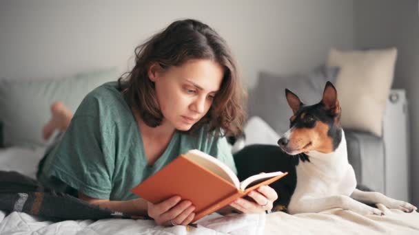 Une jeune femme lit un livre au lit avec son chien basenji — Video
