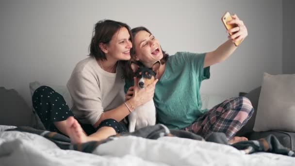 Un couple de lesbiennes prenant un selfie avec leur chien basenji mignon sur un smartphone — Video