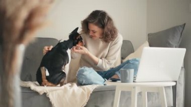 Oturma odasındaki kanepede oturan ve Basenji köpeğini okşayan genç bir kadın. 