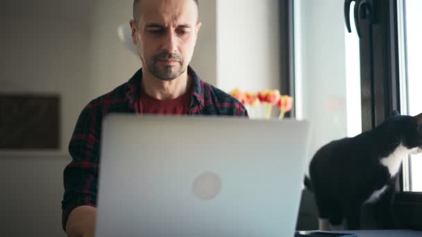 Hezký muž středního věku zaneprázdněn psaním na notebook, zatímco pracuje z domova — Stock video