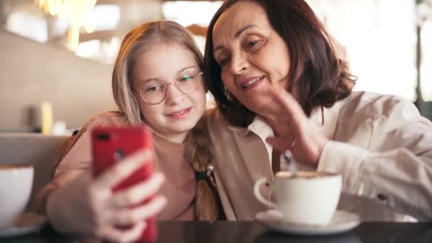 Lycklig mormor och söt sondotter tar selfies på telefonen tillsammans — Stockvideo
